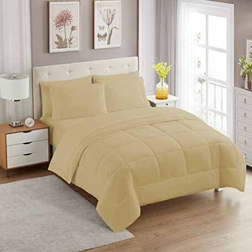 Sweet Home Collection 7 Piece Comforter Set Bag Solid Color All Season Soft Down Alternative Blanket & Luxurious Microfiber Bed Sheets, Camel, Full