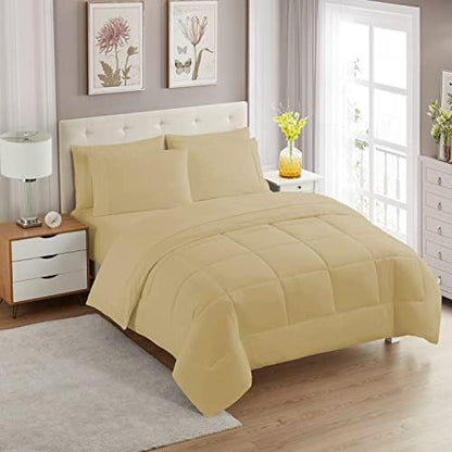 Sweet Home Collection 7 Piece Comforter Set Bag Solid Color All Season Soft Down Alternative Blanket & Luxurious Microfiber Bed Sheets, Camel, Full