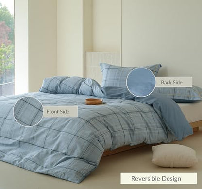 Blue Plaid Comforter Set 3 Pieces - 100% Cotton Grid Gingham Pattern Reversible Comforter King Size, Soft and Hypoallergenic Bedding Set