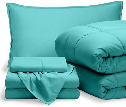 Bare Home Bed-in-A-Bag 5 Piece Comforter & Sheet Set - Twin XL - Goose Down Alternative - Ultra-Soft 1800 Premium Bed Set (Twin XL, Turquoise/Turquoise)