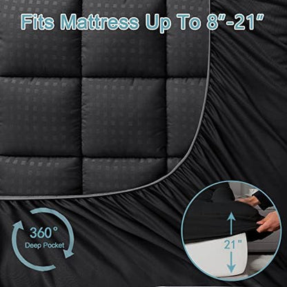 HYLEORY Full Mattress Pad Quilted Fitted Mattress Protector Cooling Pillow Top Mattress Cover Breathable Fluffy Soft Mattress Topper with 8-21" Deep Pocket, Black