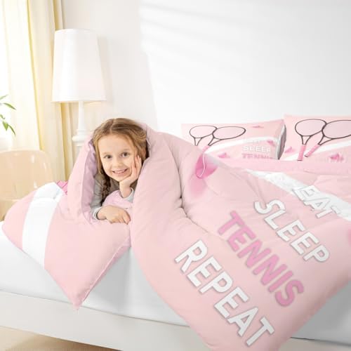 Castle Fairy Tennis Comforter Set Full Size Fashion Sports Ball Game Bedding Set Bedroom Decor Girly Pink Style Quilt Set for Kids Boys Girls Tennis Racket Duvet Insert 3Pcs