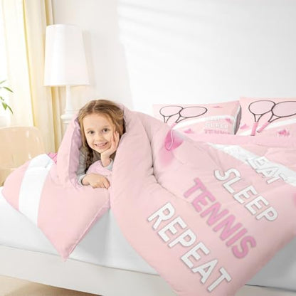 Castle Fairy Tennis Comforter Set Full Size Fashion Sports Ball Game Bedding Set Bedroom Decor Girly Pink Style Quilt Set for Kids Boys Girls Tennis Racket Duvet Insert 3Pcs