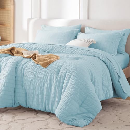 MUXHOMO 7 Pieces Oversized Queen Comforter Set, Seersucker Bed in a Bag Oversized Queen Size, All Season Luxury Bedding Set with Comforter, Flat Sheet, Fitted Sheet, Pillowcases & Shams, Lake Blue