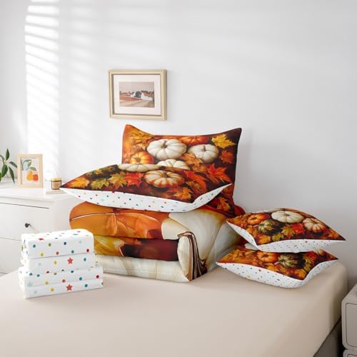 Erosebridal Fall Harvest Theme Queen Comforter Set 7 Piece for Kids Boys Girls Adults Fall Pumpkin Bed in A Bag with Sheets Maple Leaf Print Bedding Set Retro Rustic Bed Set Room Decor