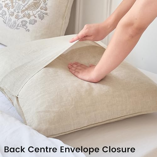 Simple&Opulence 100% Linen Euro Shams 26'' x 26'' Pack of 2, Embroidery Rosefinch Design Natural Flax Farmhouse Decorative Square Throw Pillow Covers for Bed Couch Sofa - Linen