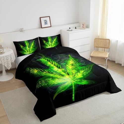 Erosebridal Boho Leaf Comforter Set Queen Size, Adult Leaves Bedding Set, Exotic Leaves Rustic Down Comforter for Kids Teens Women, Maple Leaf Quilted Duvet Bedroom Decor, Green Black