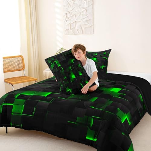 Erosebridal Black Green Comforter Set Full Neon Geometric Checkered Bedding Set for Kids Boys Gaming Room Decor,Teen Men Abstract Stereoscopic Grids Quilt Square Plaid Check Bed Set 3 Pcs