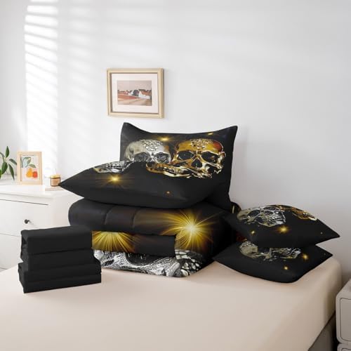 Erosebridal 7Pcs Gold Silver Skull Comforter Set Queen Size,Couple Skull Diamonds Bedding Set,Halloween Bones Skeleton Bed in A Bag,Romantic Gothic Sheet Set with Comforter