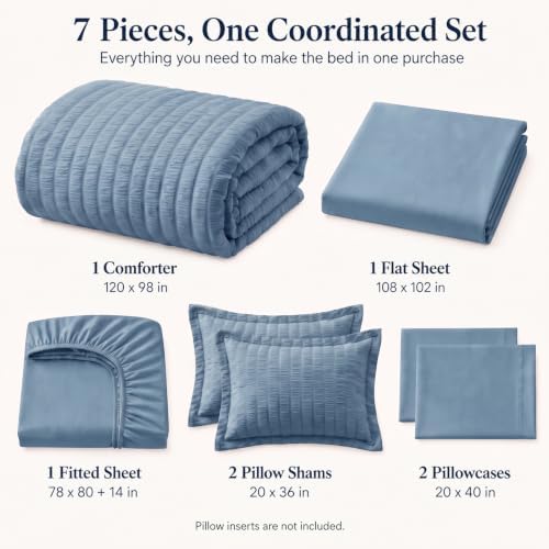 CozyLux Oversized King Comforter Set 120x98 7-Piece Grayish Blue Seersucker