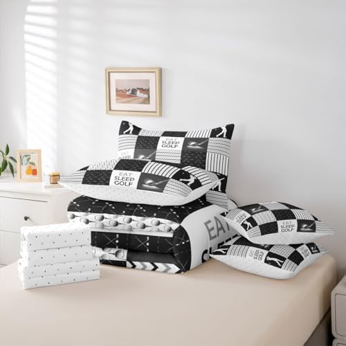 Erosebridal Golf Bedding Comforter Set with Sheets - Sports Twin Bedding Sets for Boys, 7 Pieces Golf Patchwork Comforter Sets for All Season, Lightweight Soft Sports Themed Bed in A Bag
