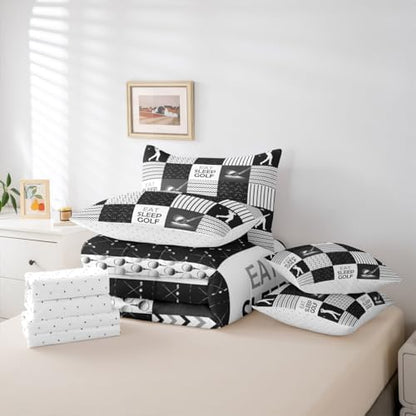 Erosebridal Golf Bedding Comforter Set with Sheets - Sports Twin Bedding Sets for Boys, 7 Pieces Golf Patchwork Comforter Sets for All Season, Lightweight Soft Sports Themed Bed in A Bag