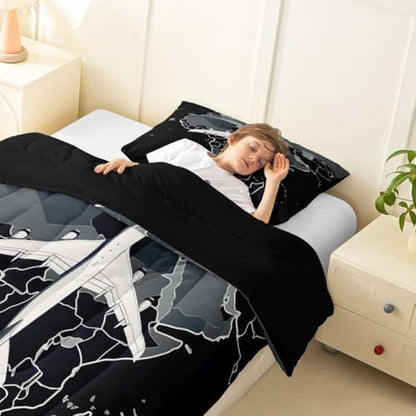 Erosebridal Airplane Comforter Set Queen Aircraft Bedding Set Gradient Gray World Map Comforter for Kids Boys Girls Modern Transportation Plane Quilt Duvet