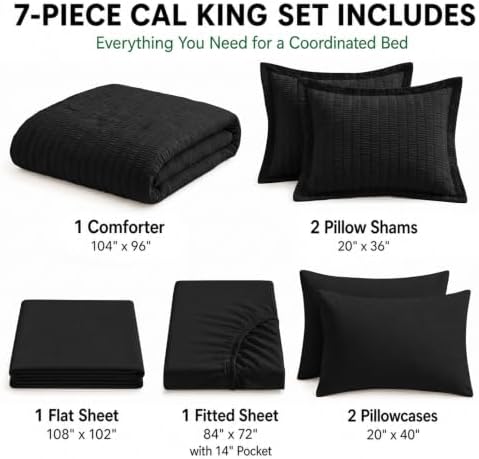 HIMEET California King Comforter Set, 7-Piece Seersucker Bed in a Bag Black