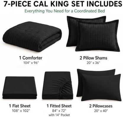HIMEET California King Comforter Set, 7-Piece Seersucker Bed in a Bag Black