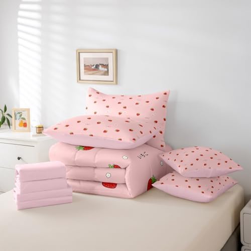 Erosebridal Girls Strawberry 7 Piece Bedding Set Twin Size Kawaii Bed in A Bag Kids Japanese Style Pink Cute Cartoon Fruit Food Theme Comforter with Sheets Girly White Floral Bed Sets