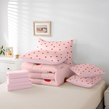Erosebridal Girls Strawberry 7 Piece Bedding Set Twin Size Kawaii Bed in A Bag Kids Japanese Style Pink Cute Cartoon Fruit Food Theme Comforter with Sheets Girly White Floral Bed Sets