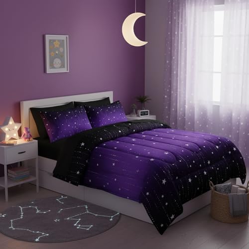 QOOMO Purple Galaxy 7 Pieces Comforter Set Queen,Starry Sky Bedding Set