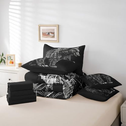 Erosebridal Boys Black Bear Bed in A Bag with Sheets Twin Robot Bear 7 Piece Comforter Set Modern Mechanical Animal Bedding Set,Cool Wildlife Bedding Comforter Sets for Kids Teens Men