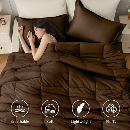 JOLLYVOGUE Queen Comforter Set, Ultra-Soft Bed in a Bag Queen Size 7 Pieces, Oeko-TEX Certified Bedding Set with Down Alternative Comforter, Sheets, Pillowcases & Shams, Brown & Beige