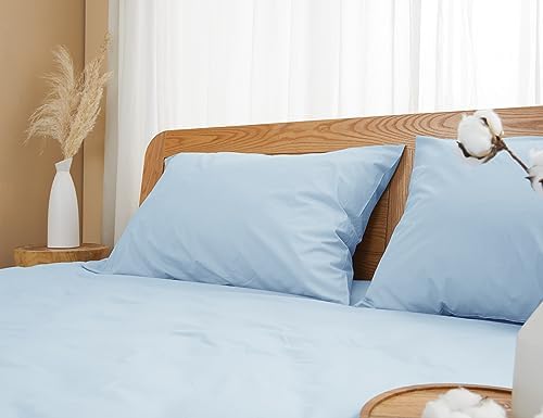 Pillow Cases 100% Cotton Percale Standard Queen Set of 4, Light Blue
