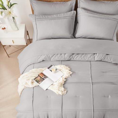 Yogeneg Full Size Comforter Set 7 Piece Bed in a Bag,Grid Pinch Pleat Grey Bedding Set,Striped Textured Soft Microfiber Comforter with Sheet Set,All Season Complete Bed Set(Grey,Full)