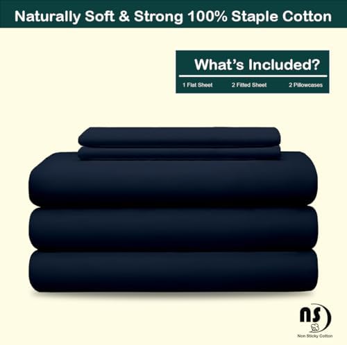 NON Sticky cotton Adjustable Split Queen Sheet Set for Sleep Number Beds, Premium 100% Long Staple Cotton Bedding, Two 30" X 80" Fitted Sheets Fits Up to 18" Deep Mattress, Navy Blue Solid