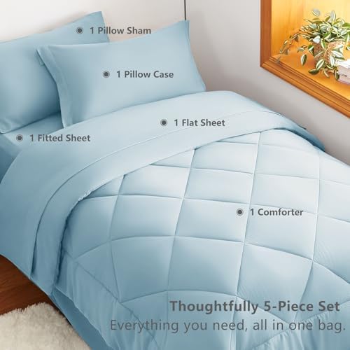 CozyLux Twin XL Comforter Set 68"x88" Light Blue - 5 Piece Bed in a Bag