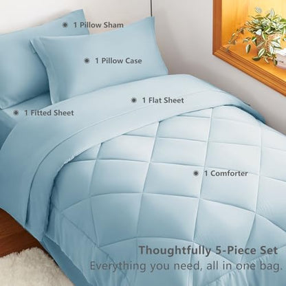 CozyLux Twin XL Comforter Set 68"x88" Light Blue - 5 Piece Bed in a Bag