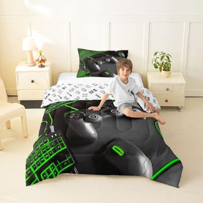 Feelyou Gamer Comforter Set All Season Gaming Bedding Set with 1 Pillow Cases Game Room Decor Microfiber Kids Toddler Bedclothes Gamepad Bedroom Decor Green Duvet Quilt Breathable Soft Lightweight