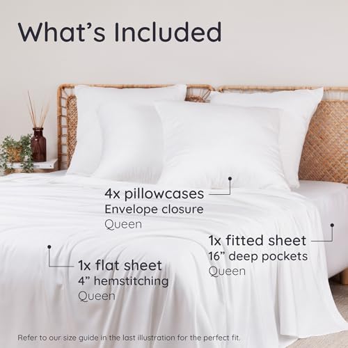 Bambaw 100% Viscose Derived from Bamboo Queen Size Sheet Set - 6pcs Cooling Sheets, Breathable, Super Soft, Fits Up to 16'' Mattress Depth, White
