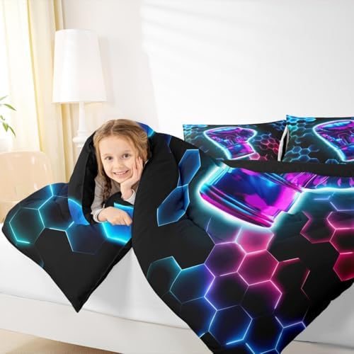 Erosebridal Boxing Gifts Kids Comforter Set | 3D Glitter Gloves Bedding King,Colorful Neon Lights Down Comforter Hexagon Honeycomb Duvet Set for Bedroom
