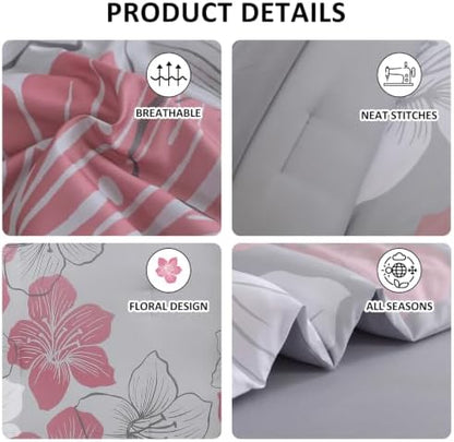 Luxudecor Grey Pink Comforter Set King Size, 7 Pieces Floral Bed in a Bag
