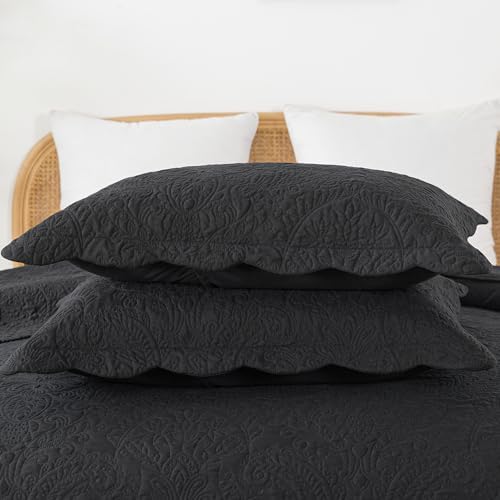 HoneiLife Queen Quilt Bedding Set - Microfiber Quilt Sets for Queen Bed, 3-Piece Lightweight Bedspreads,Reversible Coverlets Rustic Bedlinen Sets, Floral Bedding Set All Season Quilts-Black