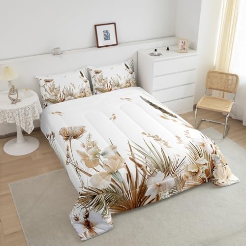 jejeloiu Brown Floral Leaves Comforter Set Full Size Kids Boho Bedding Set for Boys Girls Teens Bohemian Duvet Breathable Spring Wildflower Quilt Bedroom Decor,1 Comforter with 2 Pillowcase