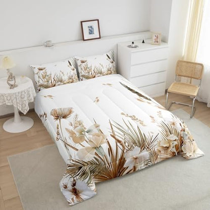 jejeloiu Brown Floral Leaves Comforter Set Full Size Kids Boho Bedding Set for Boys Girls Teens Bohemian Duvet Breathable Spring Wildflower Quilt Bedroom Decor,1 Comforter with 2 Pillowcase