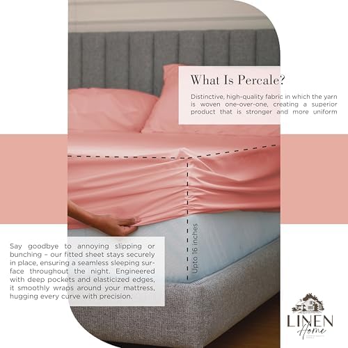 Linen Home 100% Cotton Percale Sheets King Size, English Rose, Deep Pocket, 6 Pieces Set- 1 Flat, 1 Fitted and 4 Pillowcases, Crisp Cool and Long Staple Strong Bed Linen