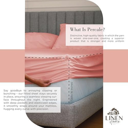 Linen Home 100% Cotton Percale Sheets Queen Size, English Rose, Deep Pocket, 6 Pieces Set- 1 Flat, 1 Fitted and 4 Pillowcases, Crisp Cool and Long Staple Strong Bed Linen