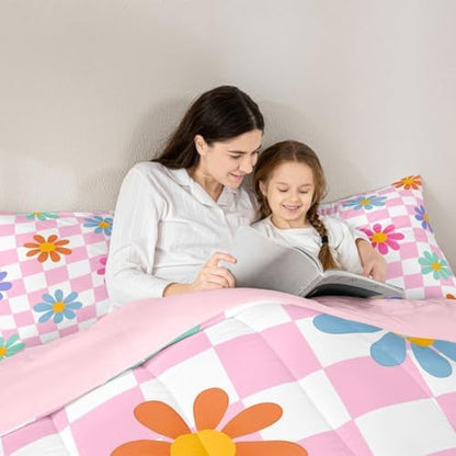 jejeloiu Cute Floral Comforter Set Full Size Pink White Checkerboard Bedding Set for Kids Boys Girls Colorful Daisy Duvet Quilt Plaid Grid Bedroom Decor Microfiber 3 Pcs with 2 Pillow Cases