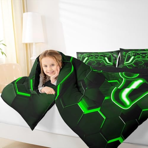 Erosebridal Gamer Comforter Set Neon Honeycomb Gaming King Bedding Set, Game Boy Games Comforter Green Hexagon Lights Duvet Insert,Boys Bedroom Decor