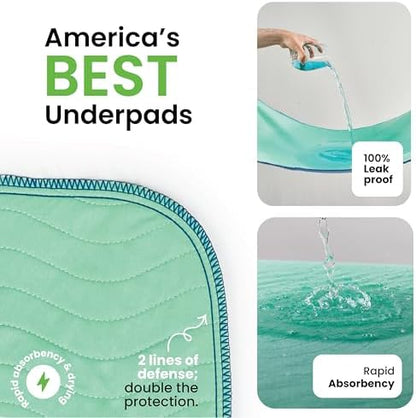 IMPROVIA® Washable Underpads, Heavy Absorbency Reusable Incontinence Pads for Kids, Adults, Elderly, and Pets, Waterproof Protection Floor - Green & Blue, 34"x36" (Pack of 4).