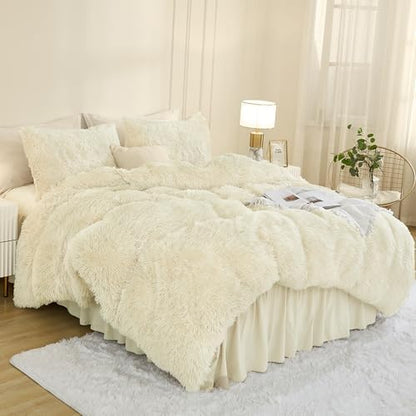 Andency Light Beige Queen Comforter Set, Fluffy Faux Fur Warm Bedding Set