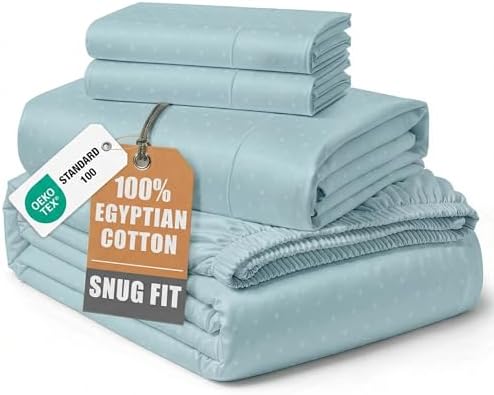 LANE LINEN King Size Sheets Set Sateen Weave - Blue Sky Swiss Dot