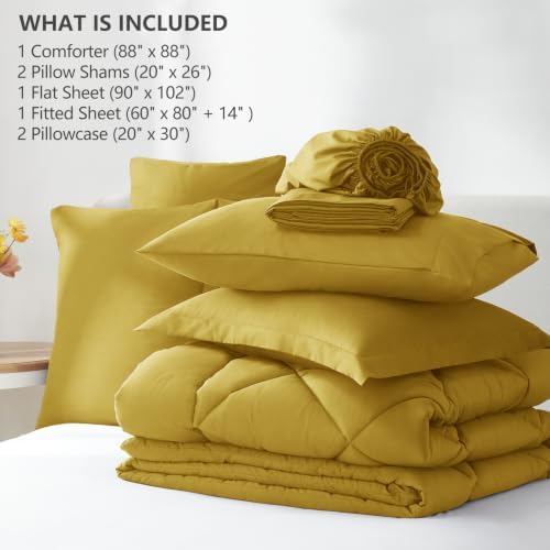 CozyLux Queen Comforter Set 88"x88" Mustard Yellow - 7 Piece Bed in a Bag