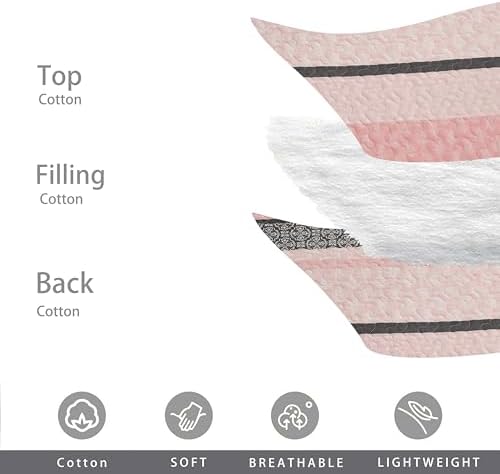 Homzard Quilts Queen Size, Cotton Comforter Set, Light Pink and Grey Queen Bed Set, Lightweight Striped Bedding, Farmhouse Bedspread All Season 3 Pieces