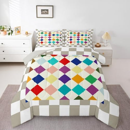 Checkered Geometric Comforter Set All Season Blue Purple Beige Brown Plaid Bedding Set with 2 Pillow Cases Checkerboard Modern Aesthetic Kids King Bedclothes Reversible Grey Bedroom Decor Duvet Quilt