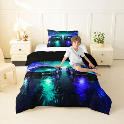 Feelyou Blue Racing Car Bedding Set Soft for Boys Girls, Boys Sports Car Comforter Set Toddler Size Racing Extreme Sports Duvet Quilt Microfiber Speed Sports Bedroom Decor 2 Pcs with 1 Pillow Cases