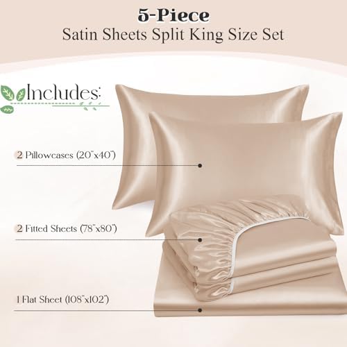 SiinvdaBZX 5-Piece Beige Satin Sheets Split King Size Set