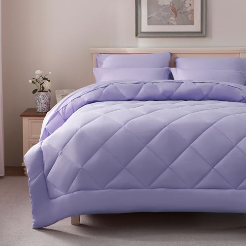 ELNIDO QUEEN® Full Comforter Set Light Purple, 7 Pieces Bed in a Bag Full Size, Bed Set for All Seasons, Lavender Bedding Sets with Comforter, Flat Sheet, Fitted Sheet, Pillowcases and Pillow Shams