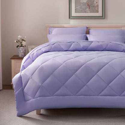 ELNIDO QUEEN® Light Purple Comforter Set Queen, 7 Pieces Bed in a Bag Queen Size, Bed Set for All Seasons, Lavender Bedding Sets with Comforter, Flat Sheet, Fitted Sheet, Pillowcases and Pillow Shams
